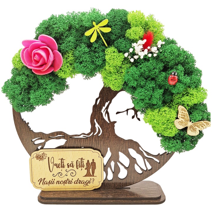 Cadou pentru Nasi – Copacul Vietii cu Licheni Naturali Stabilizati, MDF, 20 cm, Wenge