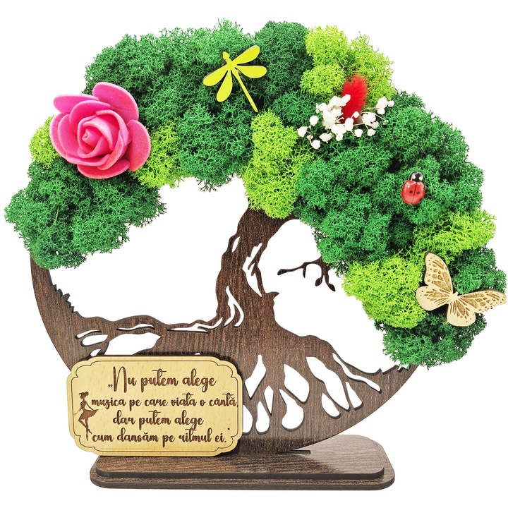 Cadou inspirational – Copacul Vietii cu Licheni Naturali Stabilizati, MDF, 20 cm, Wenge