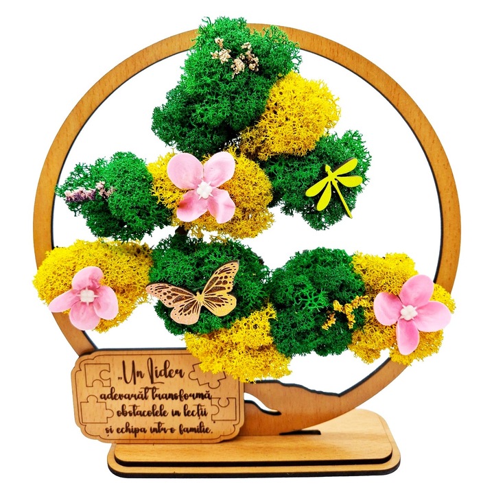 Cadou Special – Bonsai cu Licheni Naturali Stabilizati, MDF, 20 cm, Fag, mesaj Un Lider adevarat transforma