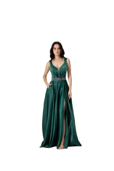 Rochie lunga tafta cu curea in talie, Verde smarald