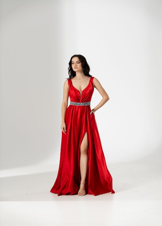 Rochie lunga tafta cu curea in talie, Rosu