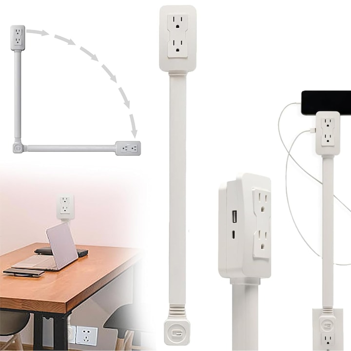 Kihúzható elosztó, állítható elektromos hosszabbító - Elosztó USB-A, USB-C és 2 hálózati aljzattal, 180°-ban forgatható és kihúzható hosszúságú 22"-34", fúrás nélküli tartozék - ideális nehezen hozzáférhető aljzatokhoz, bútorokhoz, irodába és otthonra