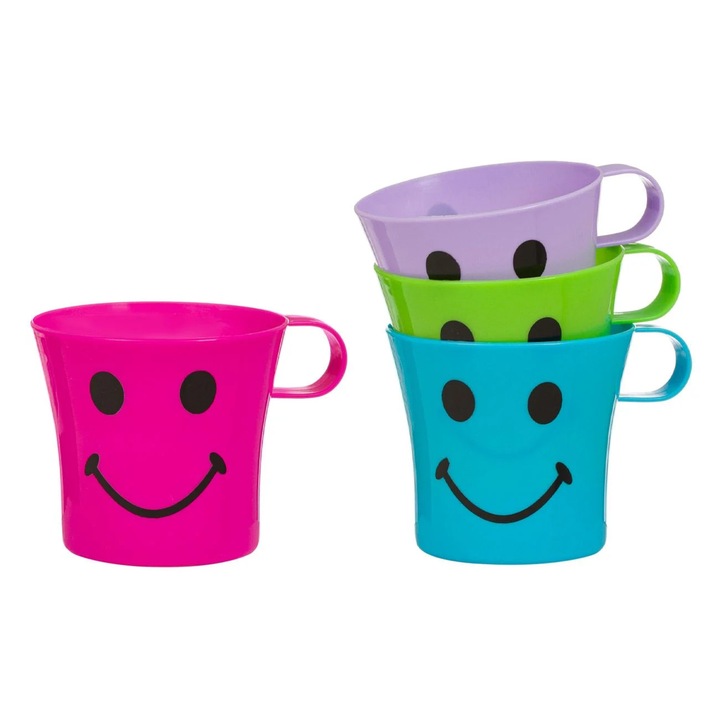 Pahare din Plastic cu Maner de Diferite Culori & Model Emoji 350ml - 4buc