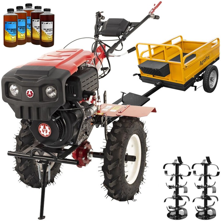 Motocultor Rotakt Godzilla RO135C 2-PTO, motor 9CP, diesel, 2+1 viteze, latime lucru 56-135 cm, freze, roti 5.00-12, pornire electrica, 2 prize de putere, remorca, 5l ulei
