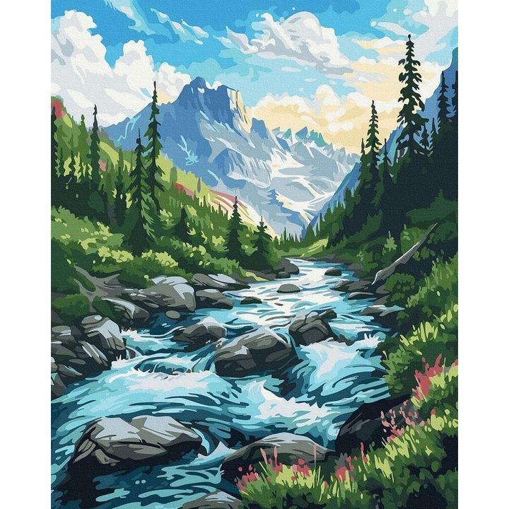 Set pictura pe numere, cu sasiu, Rau de munte, 40x50 cm