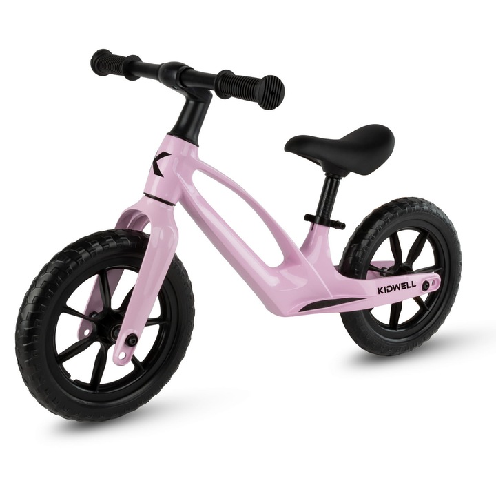 Bicicleta de echilibru fara pedale pentru copii, Kidwell Vito Pink, cadru magneziu, 2.8 kg, roti EVA 28 cm, reglabila, 80–120 cm, max. 30 kg
