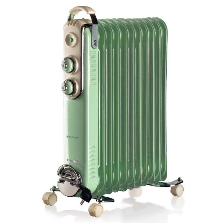 Маслен радиатор Ariete VINTAGE 0839, 2500W, 11 ребра, 3 степени, Индикатор захранване, Въртящи се на 360 колелца, Зелен