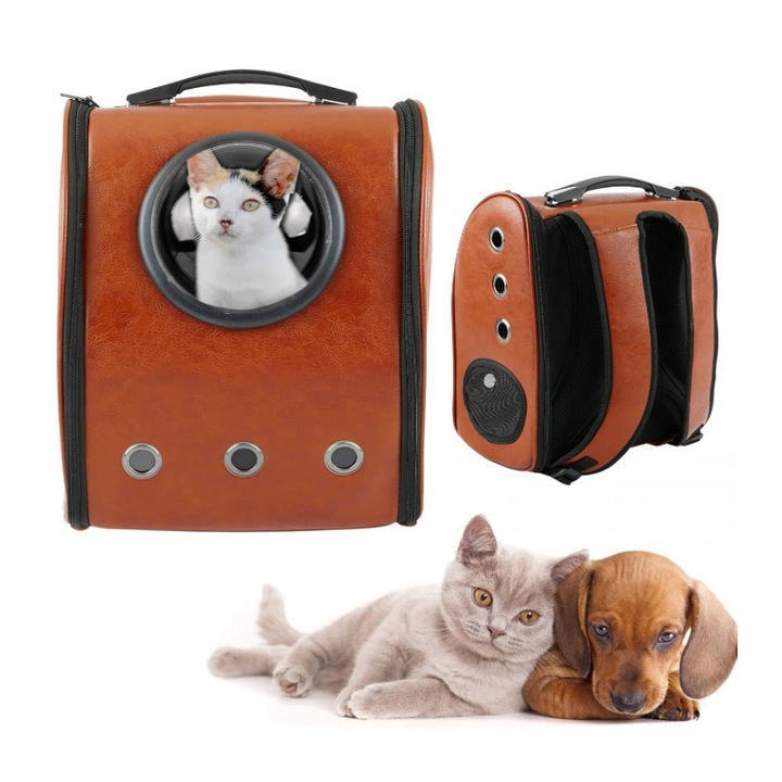 Rucsac Transport Animale de companie, greutate Max 7 kg, 2 iesiri, pentru talie medie, LEATHER-LUX, maro, HAPPY JOKER®