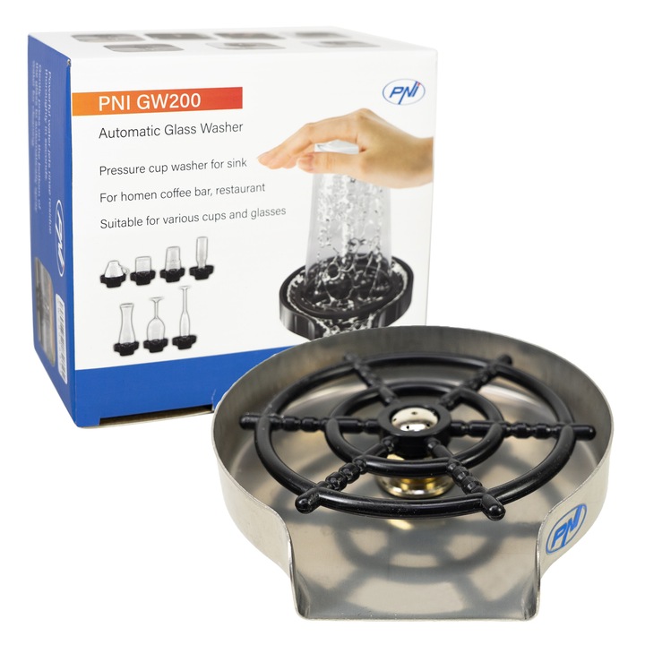 Dispozitiv spalare pahare PNI GW200 pentru bar, restaurant, bucatarie, clatire si spalare rapida, jet cu presiune, racord flexibil inclus, plastic ABS si otel inoxidabil, negru