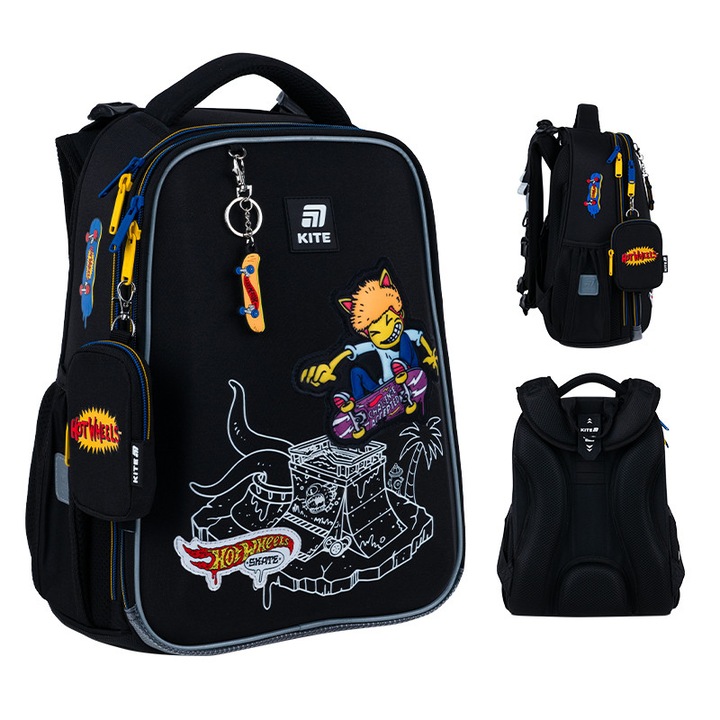 Ortopéd iskolai hátizsák fiúknak 1. osztály, Hot Wheels, fekete, Kite