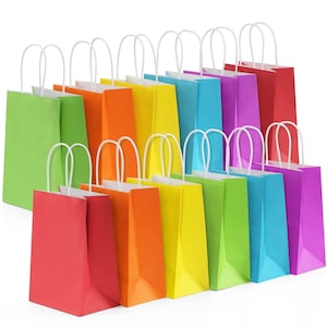 24 bucati pungi mici pentru cadou de hartie pentru petreceri, cu manere, 6 culori asortate curcubeu, pungi de petrecere, pungi de hartie pentru nunta, petreceri de ziua de nastere 15 * 8 * 21 cm/5, 9 * 3, 15 * 8, 26 in