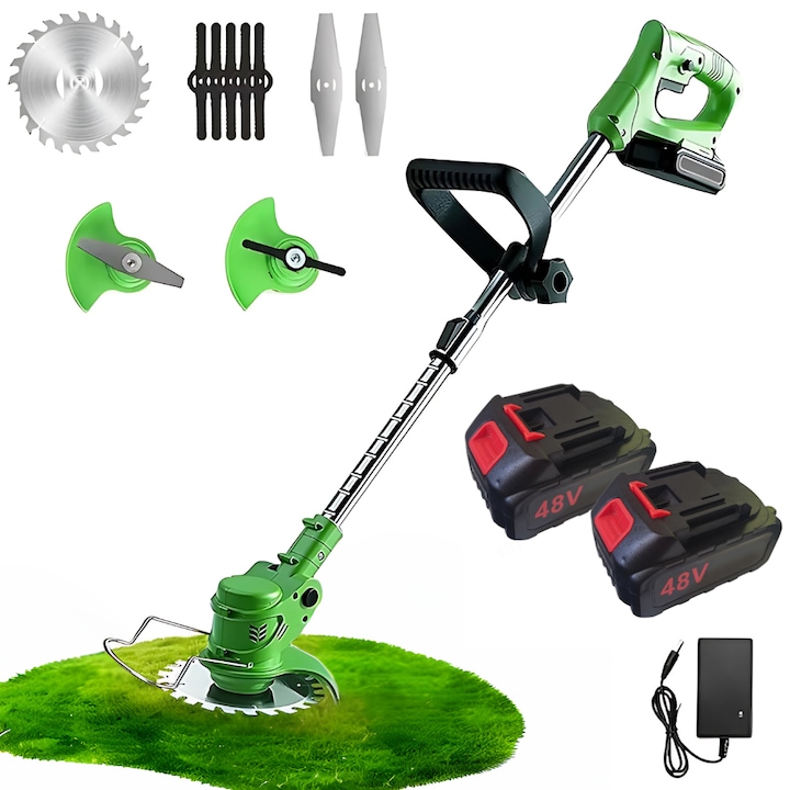 Motocoasa Electrica Profesionala Gardeon®, Brat Ajustabil 90-120 cm, Cu Disc Pentru Taiere, 2 Acumulatori 48V, Alimentator priza, Utilizare Fara Fir, Autonomie Extinsa, 18000 RPM, 7 Accesorii Interschimbabile Din ABS/Metal, Culoare Verde