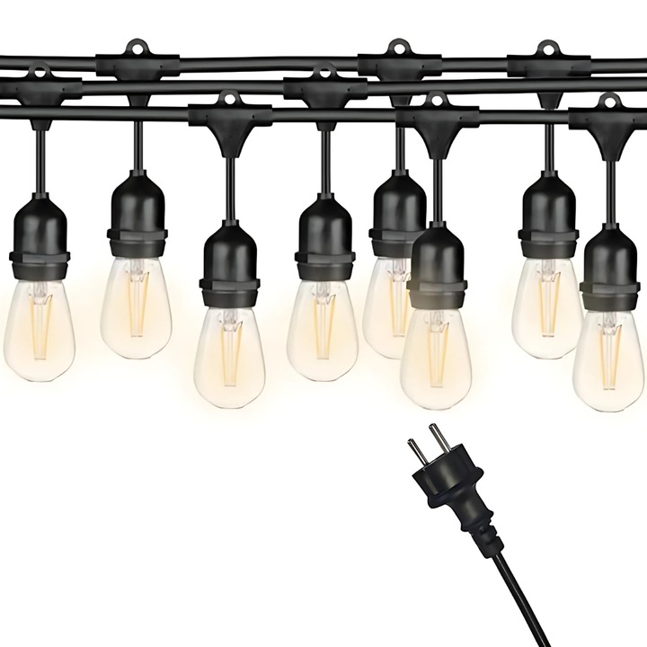 Gardeon® dekoratív fényfüzér LED-függő izzókkal kerti/kültéri vagy beltéri használatra, összekapcsolható, hálózatról táplált, meleg fény, hossz 15 méter, teljesítmény 2W, 3000K, IP65, fekete