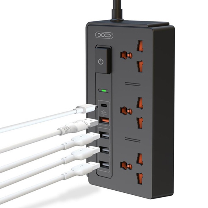 Разклонител XO WL06, 3 Sockets + 4 USB + USB-C (30W), черен