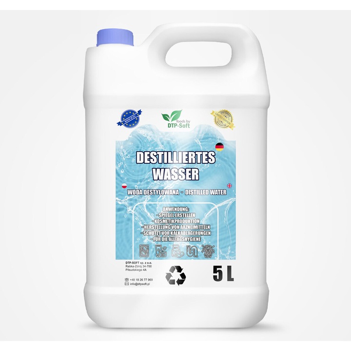 Apă distilată DTP-SOFT, demineralizată, 5L, recipient reutilizabil, puritate înaltă