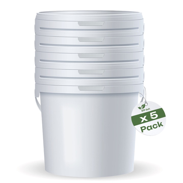 Set 5 x 10L Eimer cu capac, alb, plastic alimentar, reutilizabil, 26x28cm