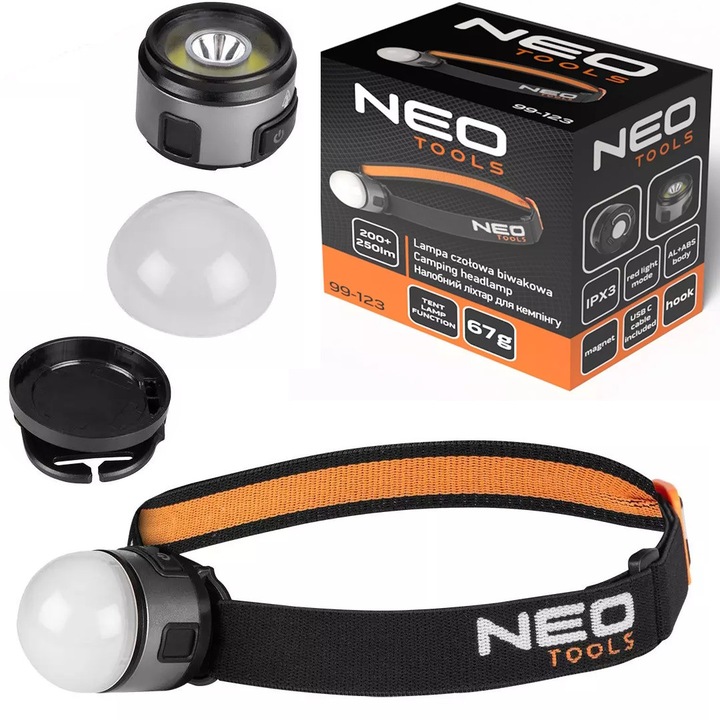 Lampa frontala NEO TOOLS, 300 lm, impermeabilitate IPX3, 67 g, set cu suport si cablu USB-C