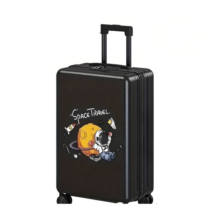 Troler de Calatorie Click Kids, 56 x 35 x 22 cm, 4 Roti, Maner Reglabil, din ABS, cu Fermoar, Blocare cu Cod, Impermeabil, Model Astronaut, Negru