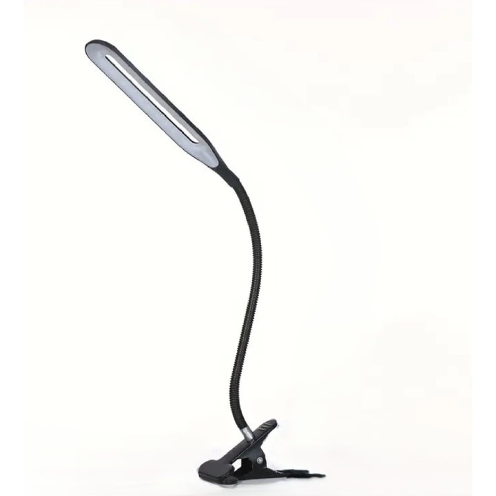 Lampa de birou, LED, alimentare USB, prindere tip clama, din ABS, brat flexibil, buton On/Off, lumina rece, negru