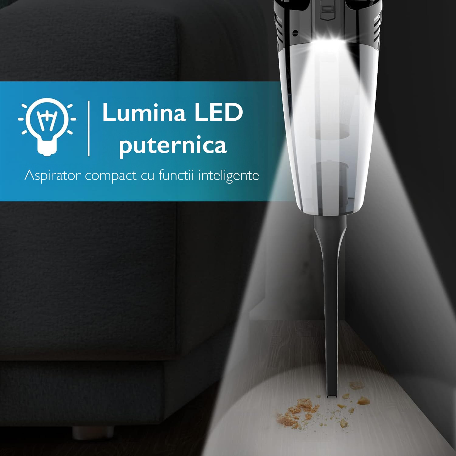 Aspirator de Mana Portabil Cu Acumulator Techone® DustJet Pro, 150W si Putere Suctiune 15.000 Pa, Ultra Silentios, Motor Brushless, 2 Viteze, Led Lumina, Baterie 4000 mAh, Timp Functionare 35 min, Filtru HEPA Lavabil, Negru