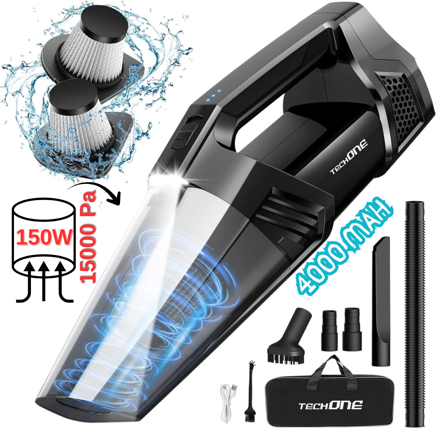 Aspirator de Mana Portabil Cu Acumulator Techone® DustJet Pro, 150W si Putere Suctiune 15.000 Pa, Ultra Silentios, Motor Brushless, 2 Viteze, Led Lumina, Baterie 4000 mAh, Timp Functionare 35 min, Filtru HEPA Lavabil, Negru