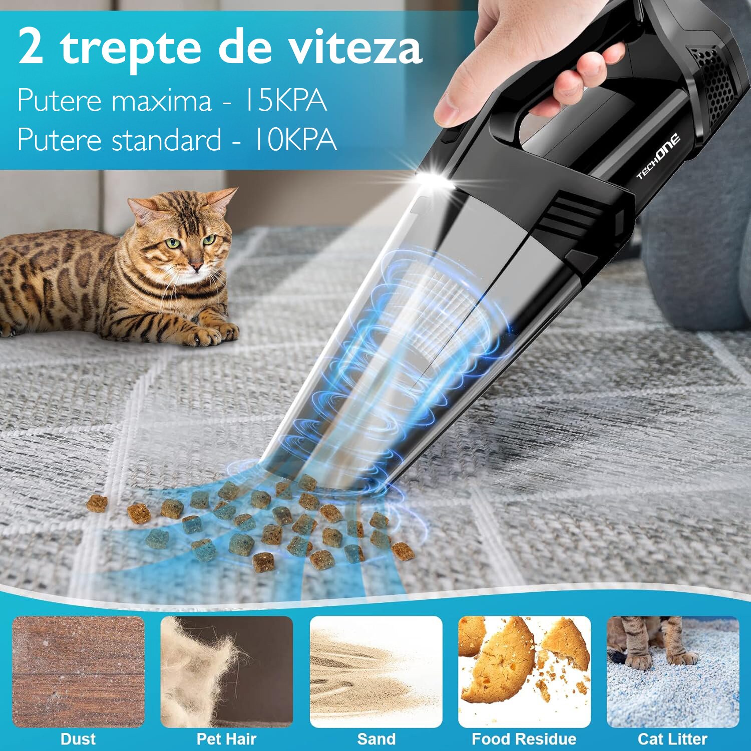 Aspirator de Mana Portabil Cu Acumulator Techone® DustJet Pro, 150W si Putere Suctiune 15.000 Pa, Ultra Silentios, Motor Brushless, 2 Viteze, Led Lumina, Baterie 4000 mAh, Timp Functionare 35 min, Filtru HEPA Lavabil, Negru