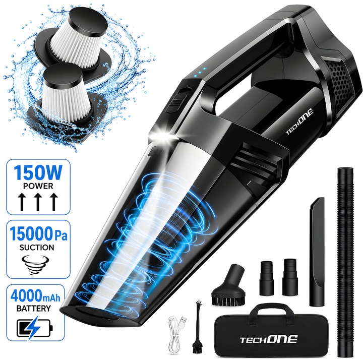Aspirator de Mana Portabil Cu Acumulator Techone® DustJet Pro, 150W si Putere Suctiune 15.000 Pa, Ultra Silentios, Motor Brushless, 2 Viteze, Led Lumina, Baterie 4000 mAh, Timp Functionare 35 min, Filtru HEPA Lavabil, Negru