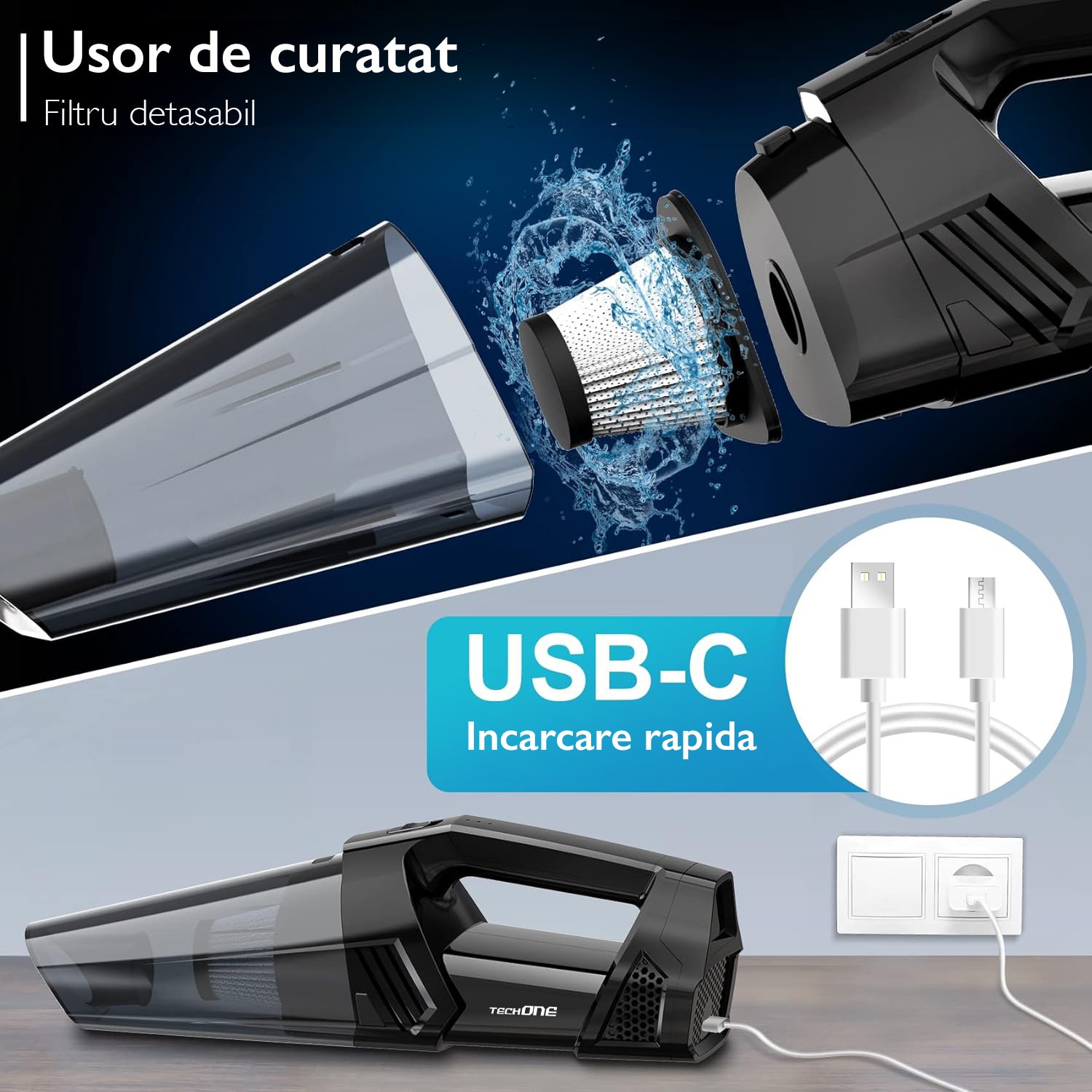 Aspirator de Mana Portabil Cu Acumulator Techone® DustJet Pro, 150W si Putere Suctiune 15.000 Pa, Ultra Silentios, Motor Brushless, 2 Viteze, Led Lumina, Baterie 4000 mAh, Timp Functionare 35 min, Filtru HEPA Lavabil, Negru