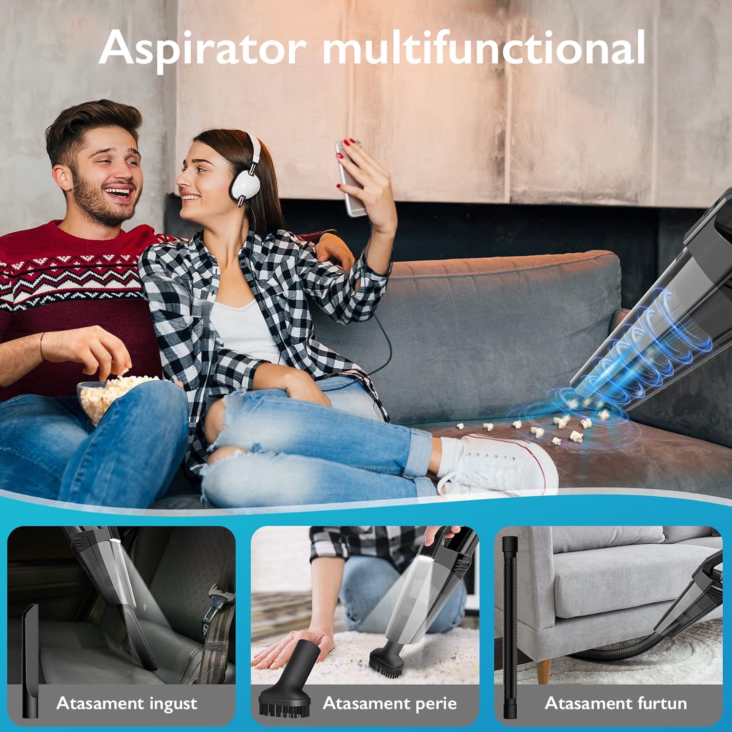 Aspirator de Mana Portabil Cu Acumulator Techone® DustJet Pro, 150W si Putere Suctiune 15.000 Pa, Ultra Silentios, Motor Brushless, 2 Viteze, Led Lumina, Baterie 4000 mAh, Timp Functionare 35 min, Filtru HEPA Lavabil, Negru