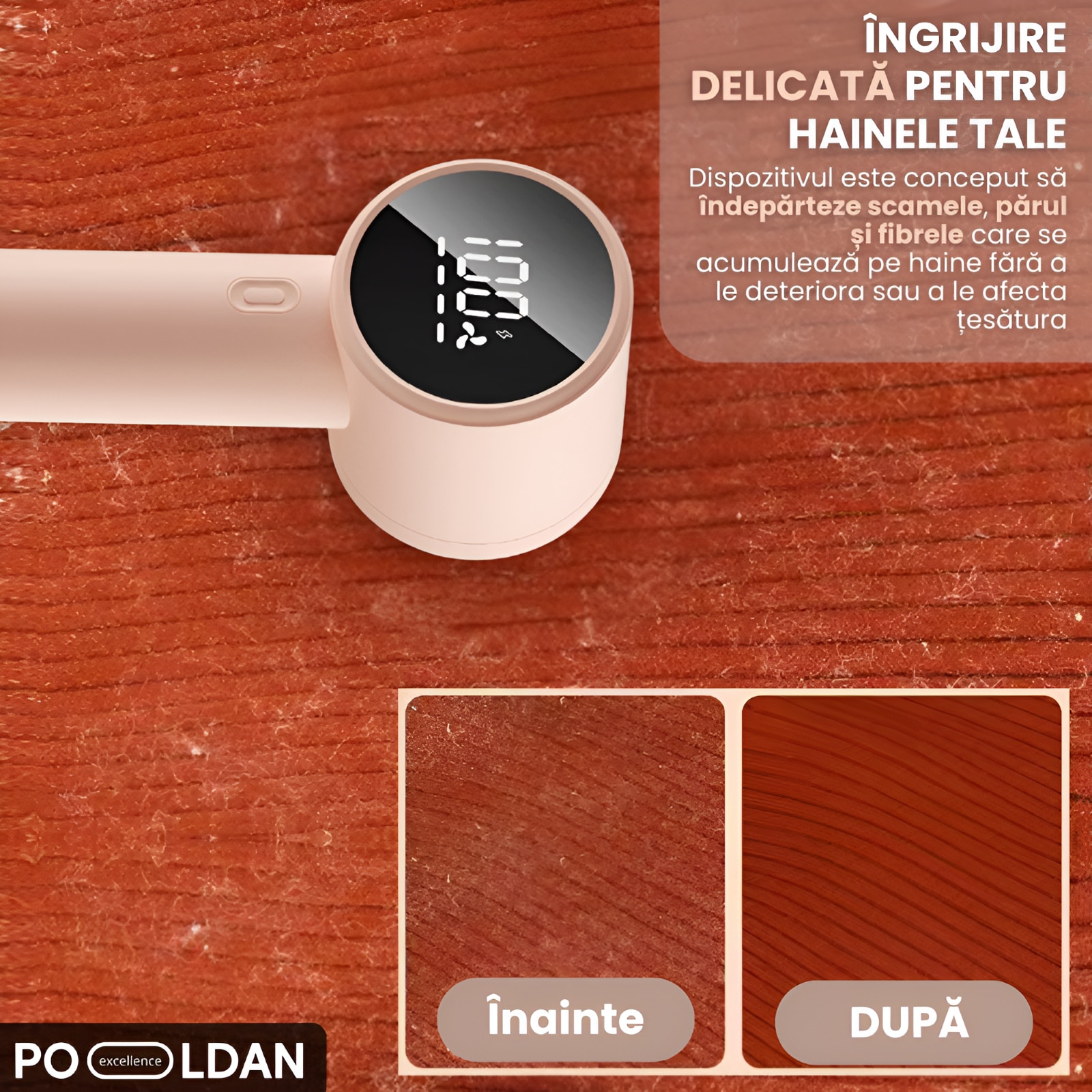 Aparat de curatat scame, cu acumulator reincarcabil, portabil, lame inox, pentru indepartat si eliminat scamele de pe haine, lenjerie, pat, cearceaf, display LED, eficient, usor de utilizat, design compact, alb