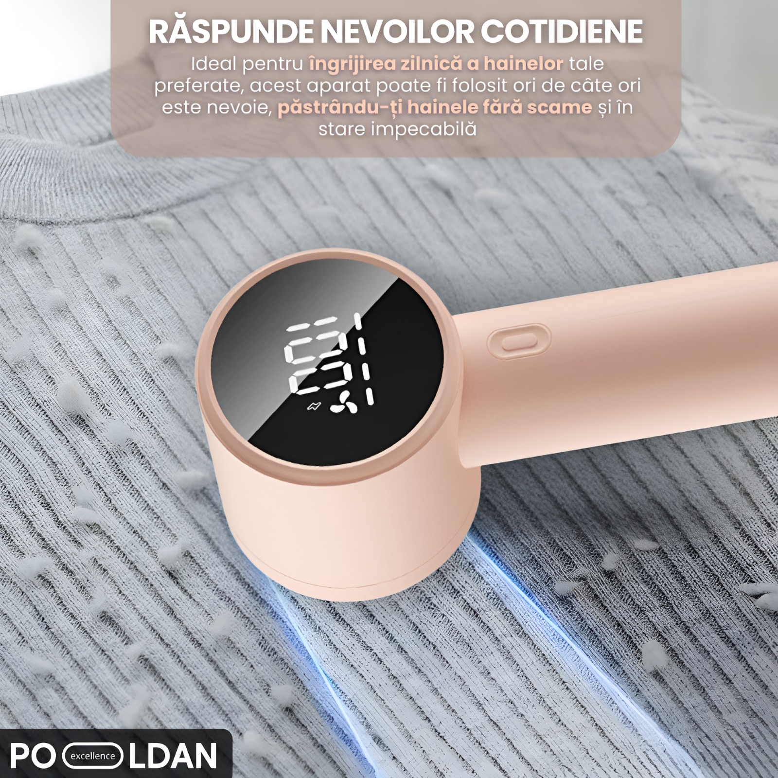 Aparat de curatat scame, cu acumulator reincarcabil, portabil, lame inox, pentru indepartat si eliminat scamele de pe haine, lenjerie, pat, cearceaf, display LED, eficient, usor de utilizat, design compact, alb