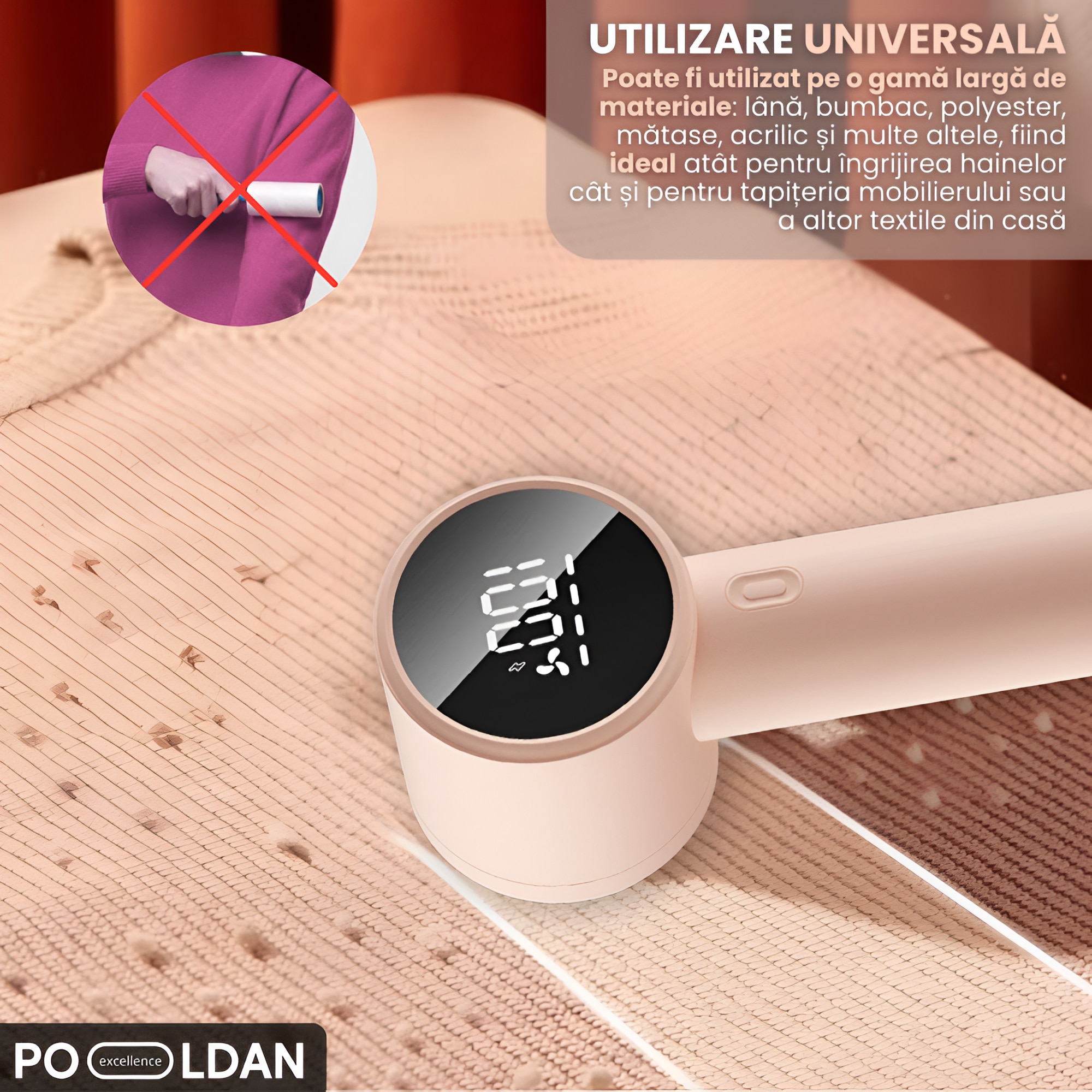 Aparat de curatat scame, cu acumulator reincarcabil, portabil, lame inox, pentru indepartat si eliminat scamele de pe haine, lenjerie, pat, cearceaf, display LED, eficient, usor de utilizat, design compact, alb