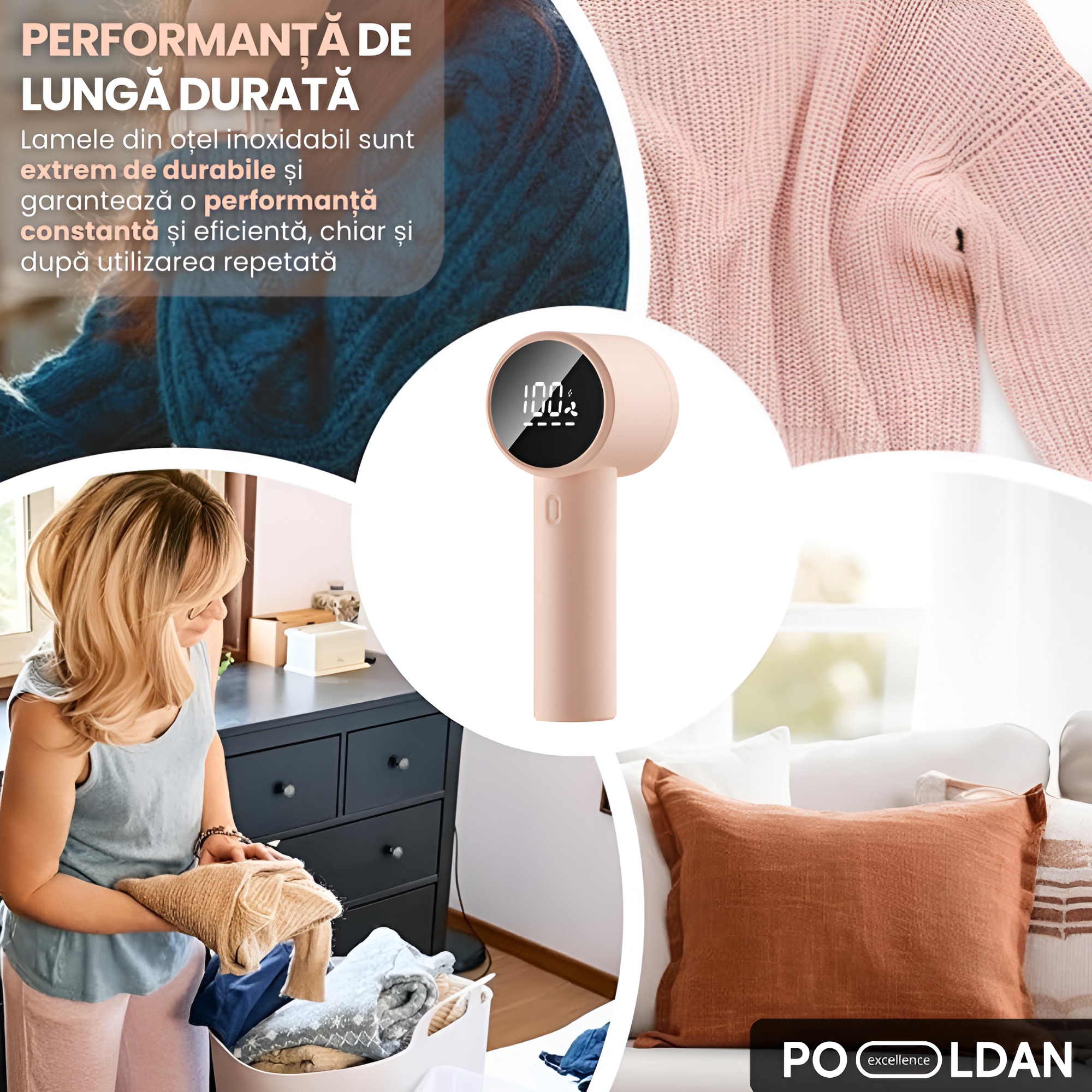 Aparat de curatat scame, cu acumulator reincarcabil, portabil, lame inox, pentru indepartat si eliminat scamele de pe haine, lenjerie, pat, cearceaf, display LED, eficient, usor de utilizat, design compact, alb