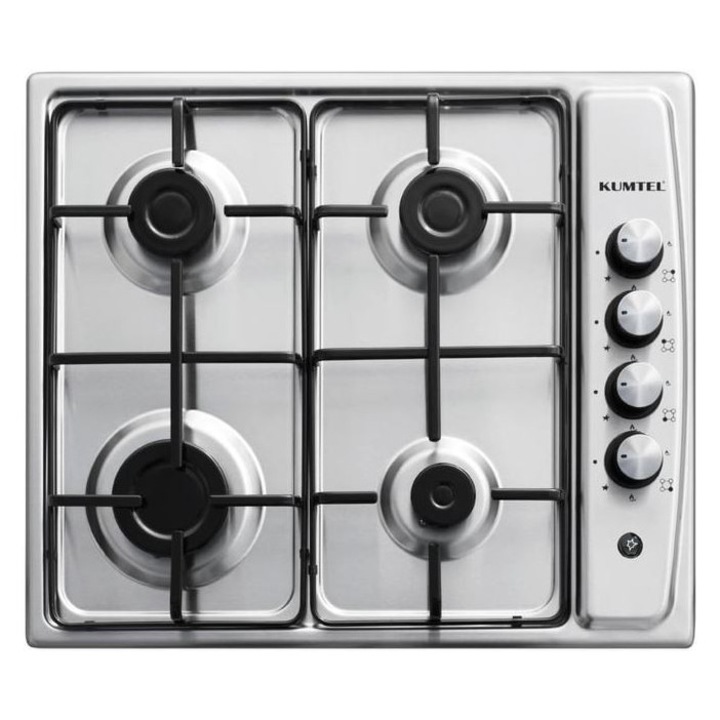 Kumtel KO-410 BF INOX beépíthető főzőlap, 4 gázégő, 58 cm széles, fémrácsok, elektromos gyújtás, inox