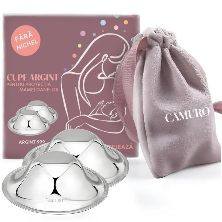 Set 2 Cupe de Argint pentru protectia mameloanelor, Camuro®, Argint 99.9%, 1.55 cm x 4.5 cm