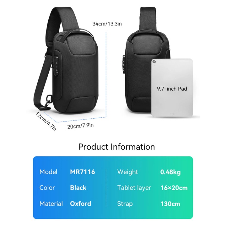 Geanta pentru piept/umar, Mark Ryden, sistem antifurt, material oxford impermeabil, port USB, structura multi divizata, compatibila cu tableta 9.7 inch, o singura curea, unisex, culoare negru