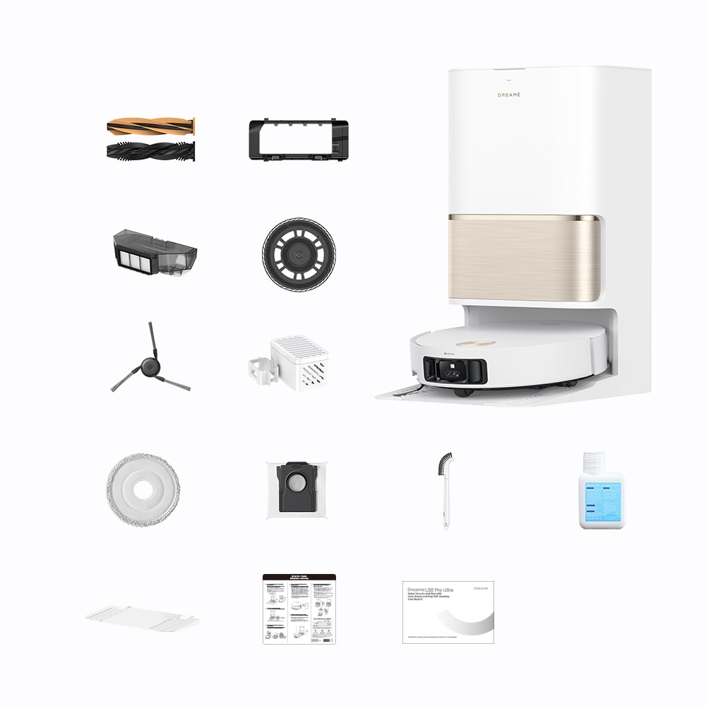 Robot de aspirare cu mop Dreame L50 Pro Ultra RLL84CE, putere de aspirare 19500Pa, detectare AI a obstacolelor și navigare la 360°, depasire obstacol 4CM, baterie 6400mAh, alb