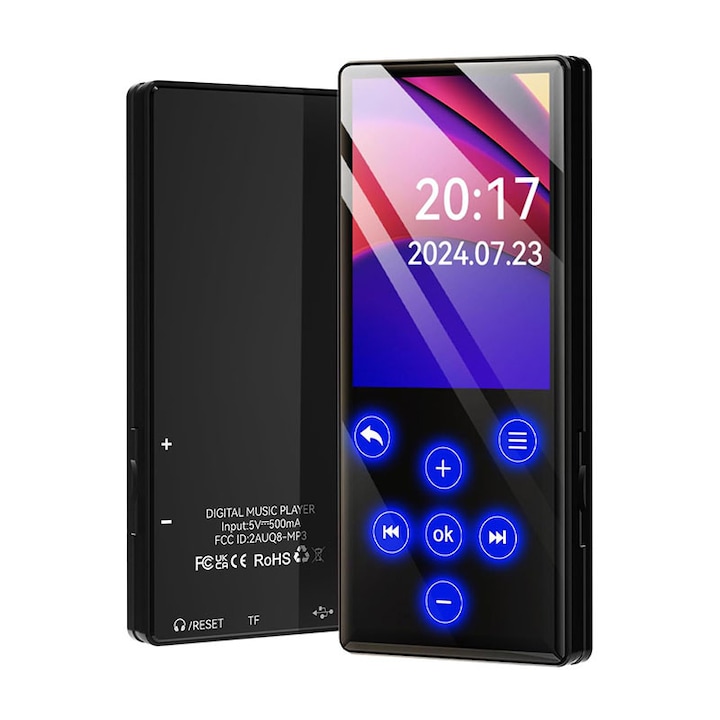 JESWO MP3 плейър, Bluetooth 5.0, 2.4-инчов екран, 16GB, поддръжка на MicroSD до 128GB, FM радио, сензорен екран, черен