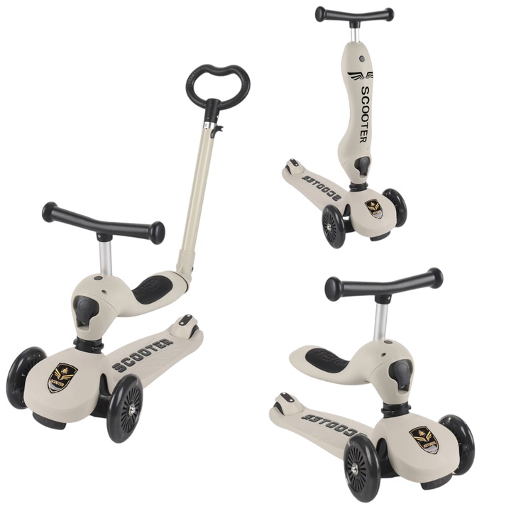 Тротинетка 3 в 1, превръщаща се в триколка, за деца, с регулируема дръжка за бутане за родители, регулируема височина в три измерения, прогресивна спирачка на задното колело, колела, светещи при движение, сива