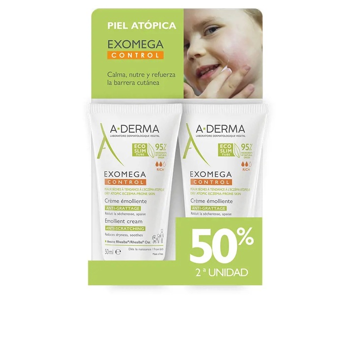Set Crema corporala hidratanta cu efect de calmare pentru copii si bebelusi, A-Derma Exomega Control, 2 x 50 ml
