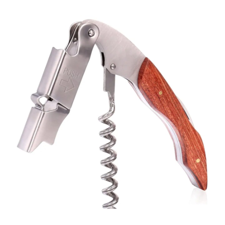 Általános bornyitó, rozsdamentes acél, fa fogantyúk, multifunkcionális, 4 az 1-ben