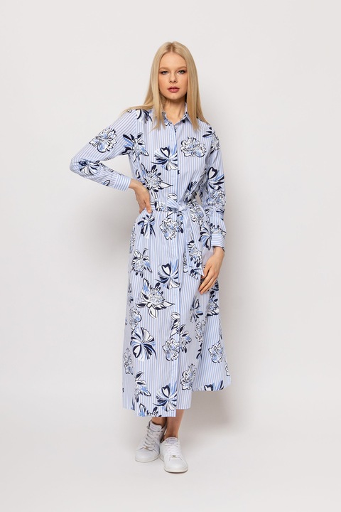 HEAVY TOOLS, Rochie lunga cu imprimeu floral, Albastru pastel/Negru/Alb optic, S