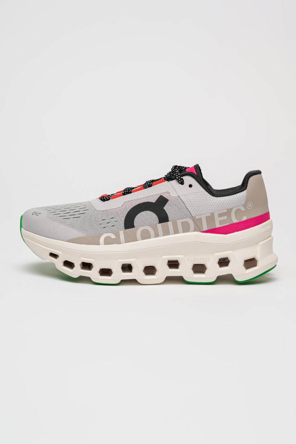 On, Cloudmonster, Pantofi cu sireturi contrastante, pentru alergare, Gri deschis, Fucsia, 7