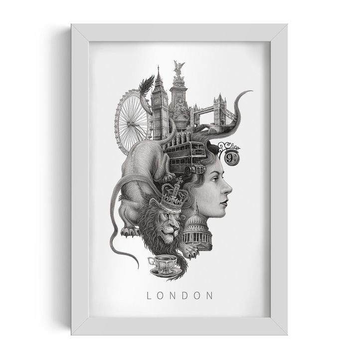 Tablou Inramat, Wallfluent, Leul din Londra cu o coroana, 70x100 cm, cadru MDF alb, oras