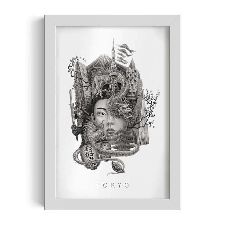 Tablou Inramat, Wallfluent, Floare de cires din Tokyo, 70x100 cm, cadru MDF alb, oras