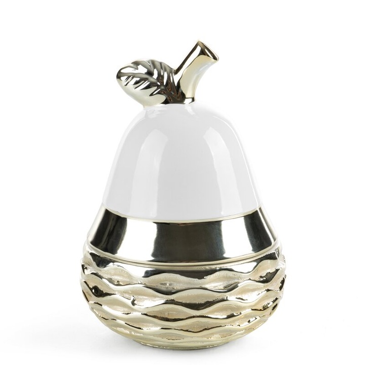 Bomboniera decorativa, 14x14x20cm, alb/auriu, ceramica