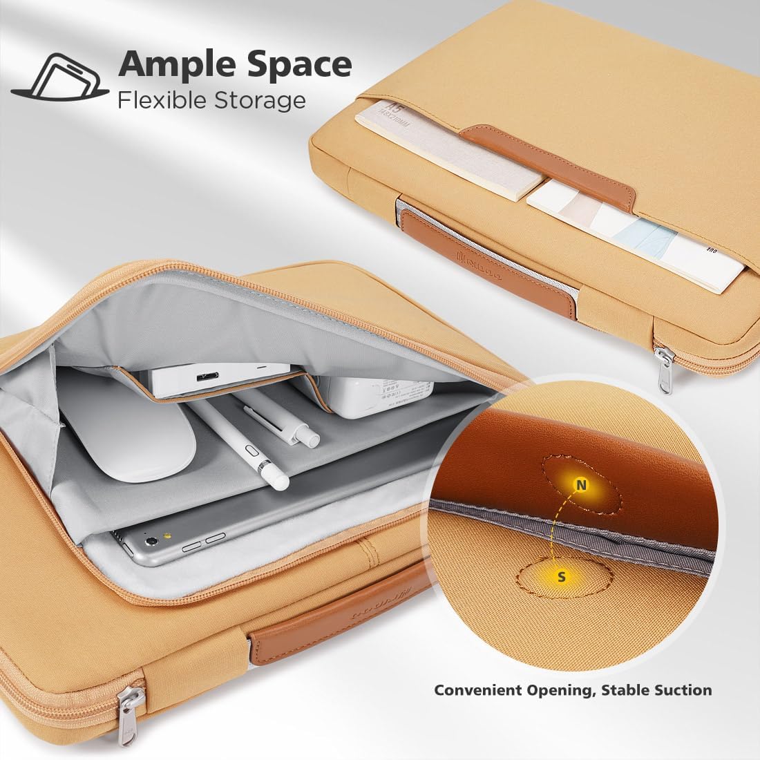 Geanta de umar pentru laptop/tableta de 16 inchi - MacBook Pro M2, M1, ThinkPad X1 Extreme Gen 5, Yoga 7i, Swift X, MateBook D16, ThinkPad T15 Gen 2, impermeabila, Mustarie, 35 x 25 x 2.7 cm, NIDOO