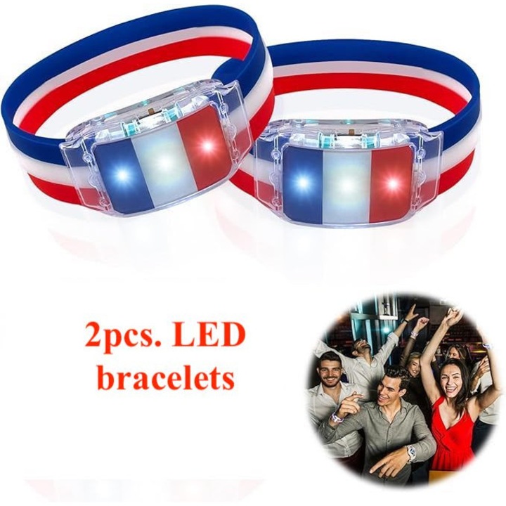 Set 2 bratari LED, bratara din silicon, durabile, confortabile, pentru petreceri, festivaluri, plimbari pe jos sau cu bicicleta, cu baterii, rosu/alb/albastru