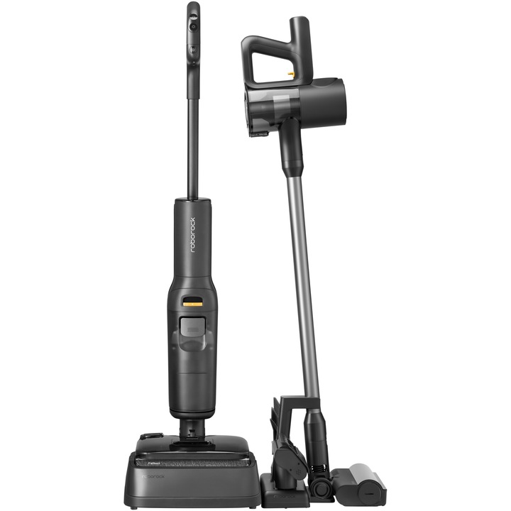Вертикална прахосмукачка Roborock WD5M5A F25 COMBO, Мокро и сухо почистване, Технология JawScraper, Самопочистваща се, 20 000 PA, 450 RPM, Автономност 60 минути (ECO режим), Почистване от EDGE до EDGE, Roborock APP, 90 градуса сушене, Черен/Бял