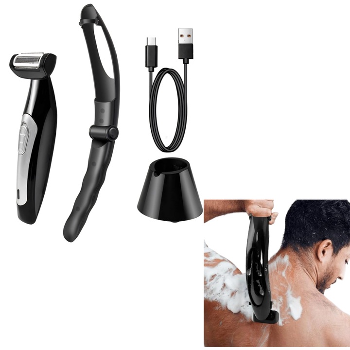 Aparat de ras electric pentru spate si corp, cu maner retractabil, reglabil la 150°, umed si uscat, fara fir, impermeabil IPX7, design ergonomic, portabil, negru